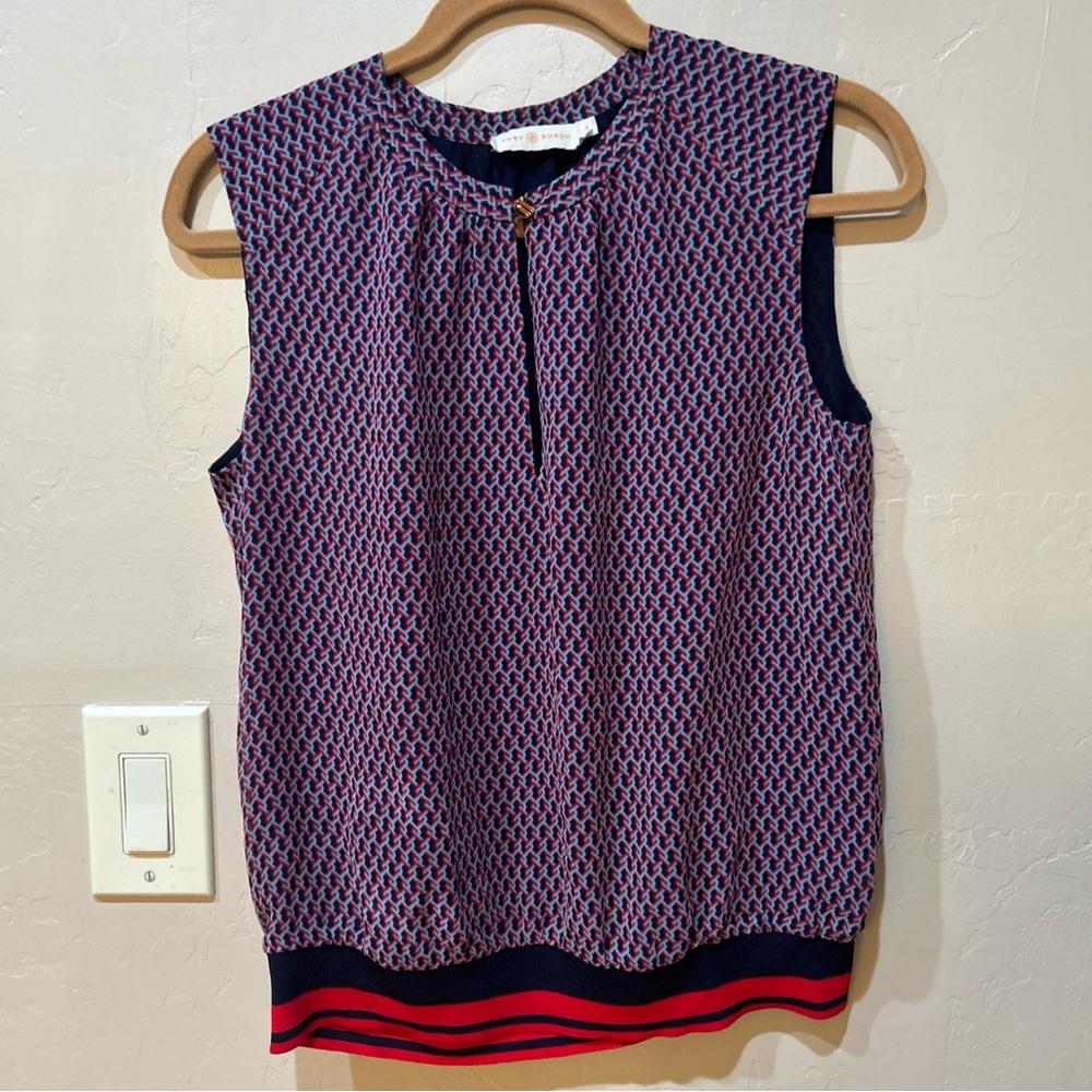 Tory Burch sleeveless blouse with a red, white & blue geometric Size 8